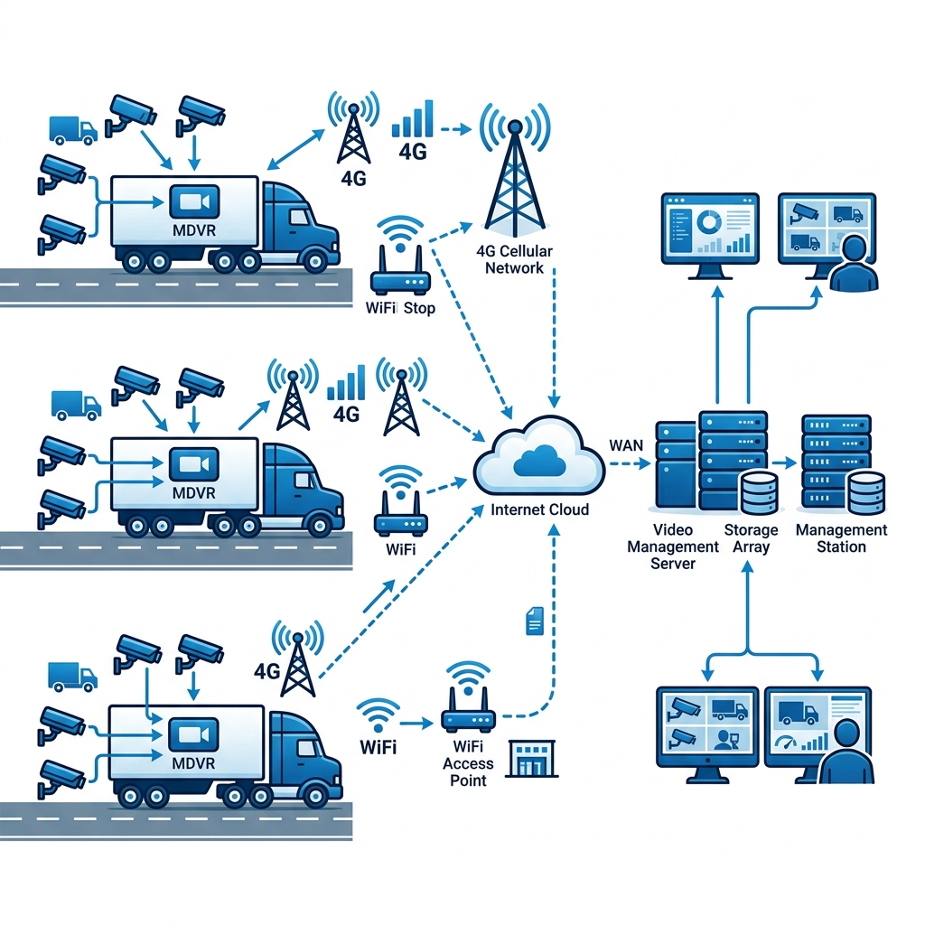 Technical network diagram showing a 4G/WiFi mobile DVR system in a trucking environment