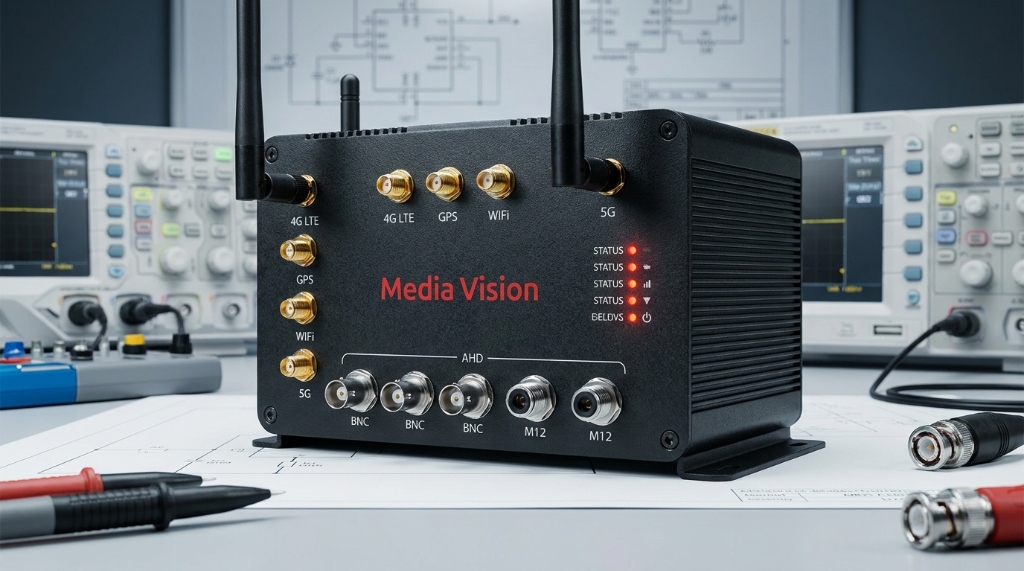 A high-resolution, professional industrial photograph of an AI-powered Mobile DVR (MDVR) unit designed for heavy-duty trucks.