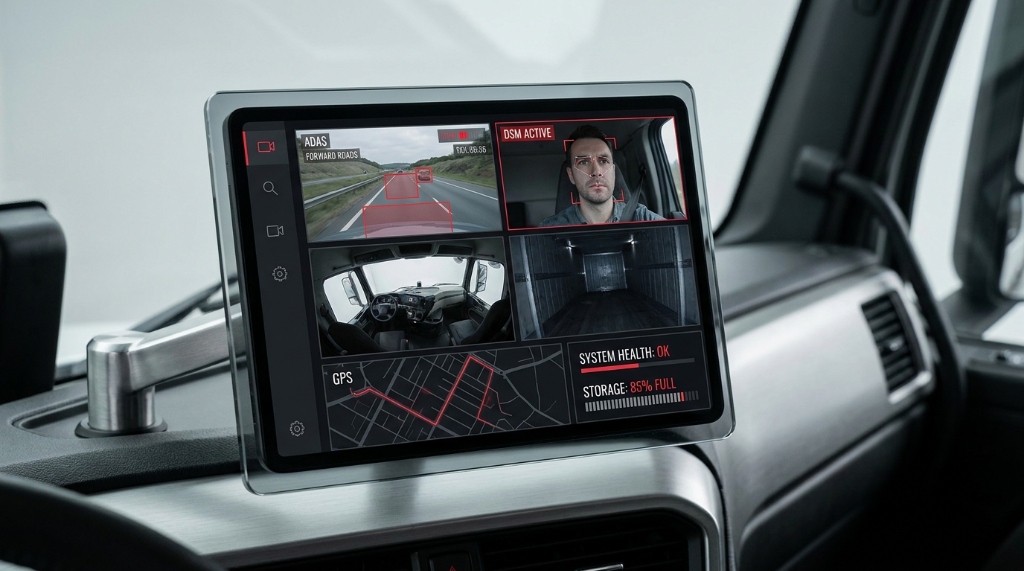A high-tech, professional digital surveillance interface showing multiple real-time video feeds from a mobile DVR system inside a commercial vehicle.